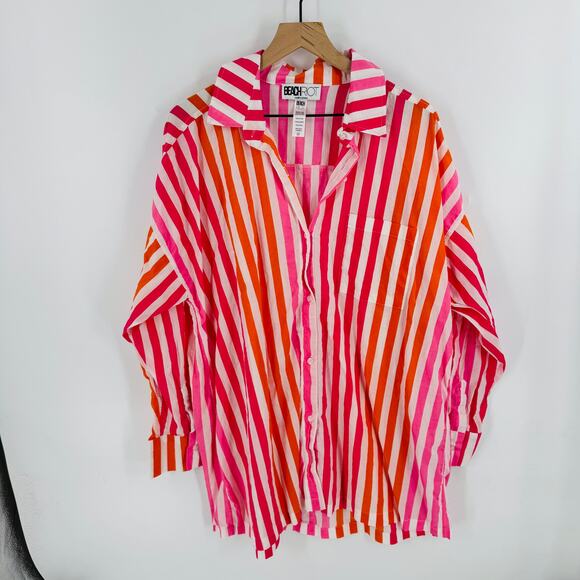Beach Riot Alexa Striped Swim Cover Up Resort Shirt Long Sleeve Cotton Size PL - Picture 8 of 8